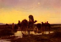 Eugene-Alexis Girardet - Camel Train By An Oasis At Dawn